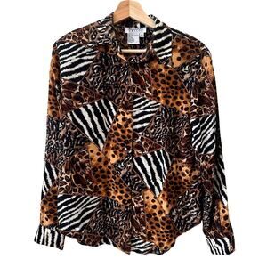 Vintage Allison Taylor 100% Silk Animal Cheetah Tiger Print Button up Blouse M